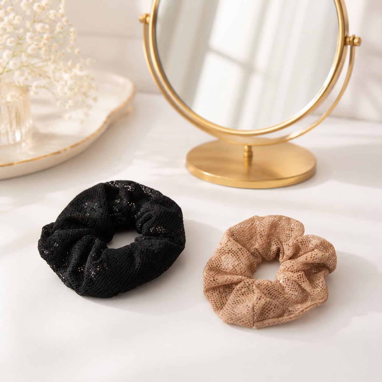 61nmDd6GL.jpg VANTO Mesh Hair Scrunchies for Women (2-Pack) – Elegant Glitter Net Hair Ties,Soft Elastic Ponytail Holders for Thick Curly Hair, Aesthetic Neutral Styling Accessories - Image 1