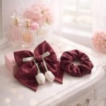 VANTO Hair Big Bow & Ruffle Scrunchies Set for Women & Girls Soft Elastic Hair Bands with Rhinestone Studded Design, Stylish Multicolor Hair Ties for Ponytail, Bun & Daily Wear Accessories, Pack of 2