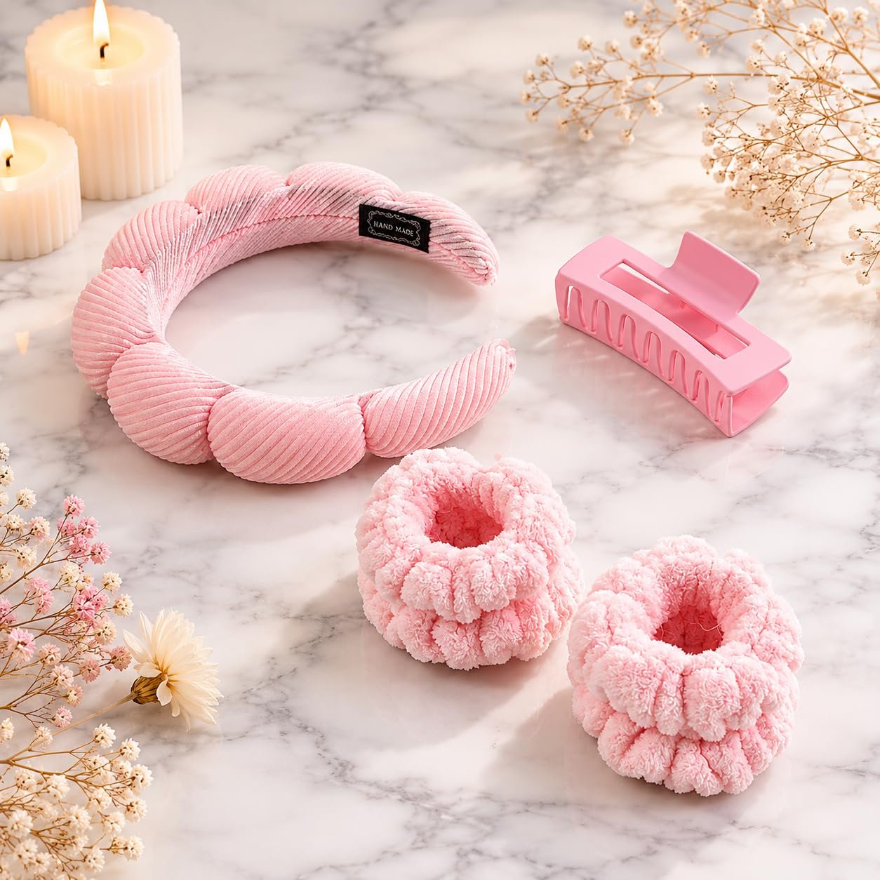 71X7Buh8bvL.jpg VANTO Spa Headband and Wrist Wash Band Set for Women | 1 Soft Hair Band, 2 Wrist Bands and 1 Hair Claw Clip | Face Wash, Skincare, Makeup and Daily Beauty Accessories Pack of 4 - Image 1