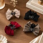 VANTO Elegant Bow Hair Claw Clip for Women and Girls | Decorative Satin Bow Clutcher with Rhinestone Accent | Fashion Hair Accessory for Party, Office, Wedding and Everyday Styling(Pack of 1)
