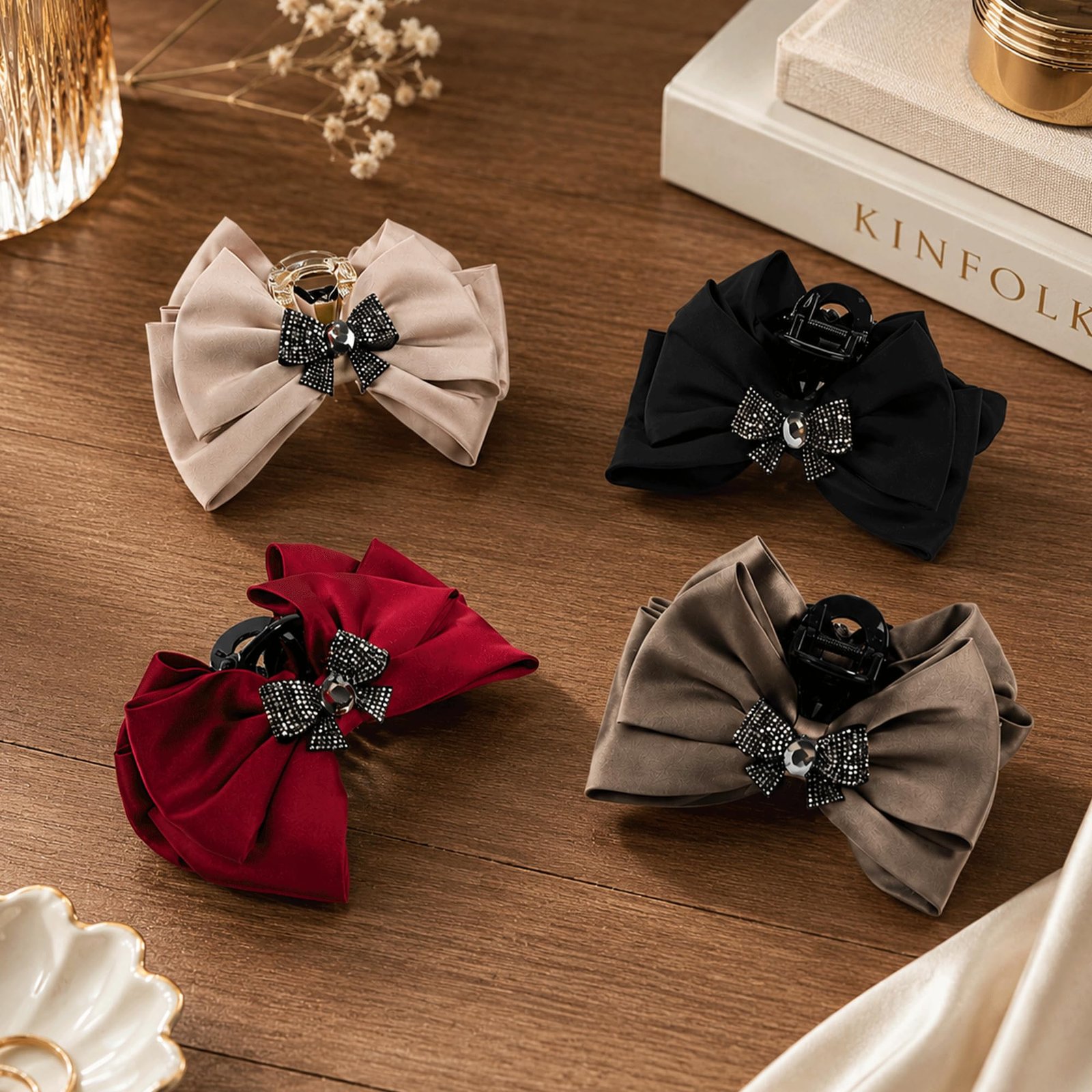 81BbkStso4L.jpg VANTO Elegant Bow Hair Claw Clip for Women and Girls | Decorative Satin Bow Clutcher with Rhinestone Accent | Fashion Hair Accessory for Party, Office, Wedding and Everyday Styling(Pack of 1) - Image 1